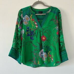 Hale Bob Vibrant Green Floral Boho V Neck Silk Velvet Wide Sleeve Blouse S